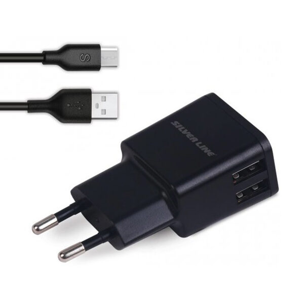 מטען בית עם כבל Micro USB ו-2 יציאות Silver Line Wall Charger