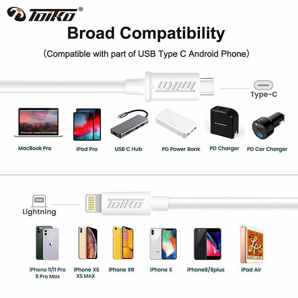 כבל לאייפון USB Type C ל-Lightning באורך 1 מטר Toiko