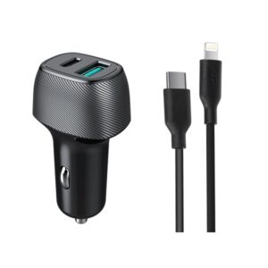 מטען מהיר לרכב Type C וusb בהספק 43 וואט כולל כבל מusb C לlightning