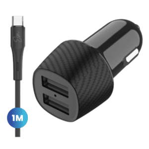 מטען רכב Usb A כפול 15w עמיד וחזק שחור עם כבל שנה אחריות Essentials