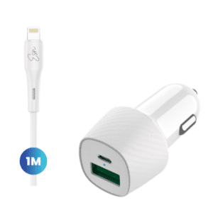 מטען רכב כפול USB A Type C לאייפון 38W עוצמתי ומהיר לבן שנה אחריות Essentials