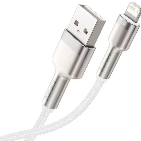 כבל טעינה מהירה למכשירי אפל קלוע Usb C לlightning באורך מטר Baseus Cafule Metal 1m 2.4a לבן3