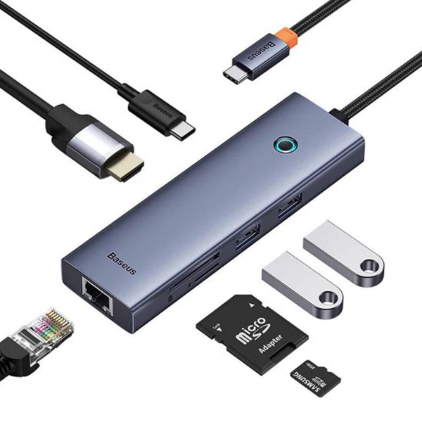 מפצל USB-C, קורא כרטיסים וכרטיס רשת 7-Port HUB מבית Baseus