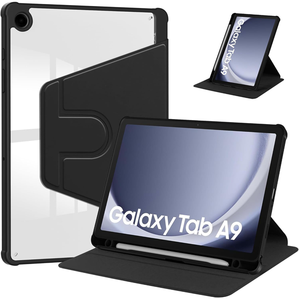 כיסוי סיבובי סמסונג Galaxy Tab A9 שחור מעור איכותי עם רצועה לסגירה בטוחה פרימיום 360