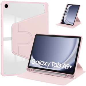 כיסוי סיבובי סמסונג Galaxy Tab A9 Plus ורוד שקוף מעור איכותי עם רצועה לסגירה בטוחה פרימיום 360