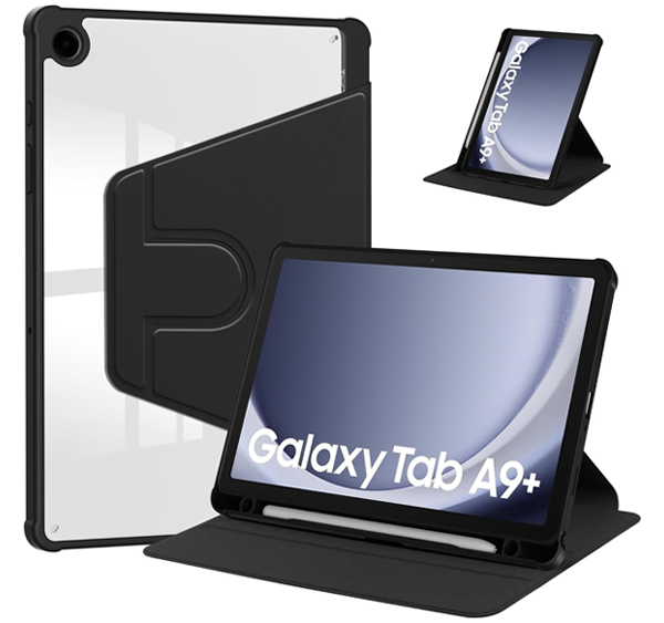 כיסוי סיבובי סמסונג Galaxy Tab A9 Plus שחור שקוף מעור איכותי עם רצועה לסגירה בטוחה פרימיום 360